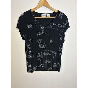 Vtg Chicos Stretch Top Blouse Size M Black Tropical Monkey Beach Liquid Fabric
